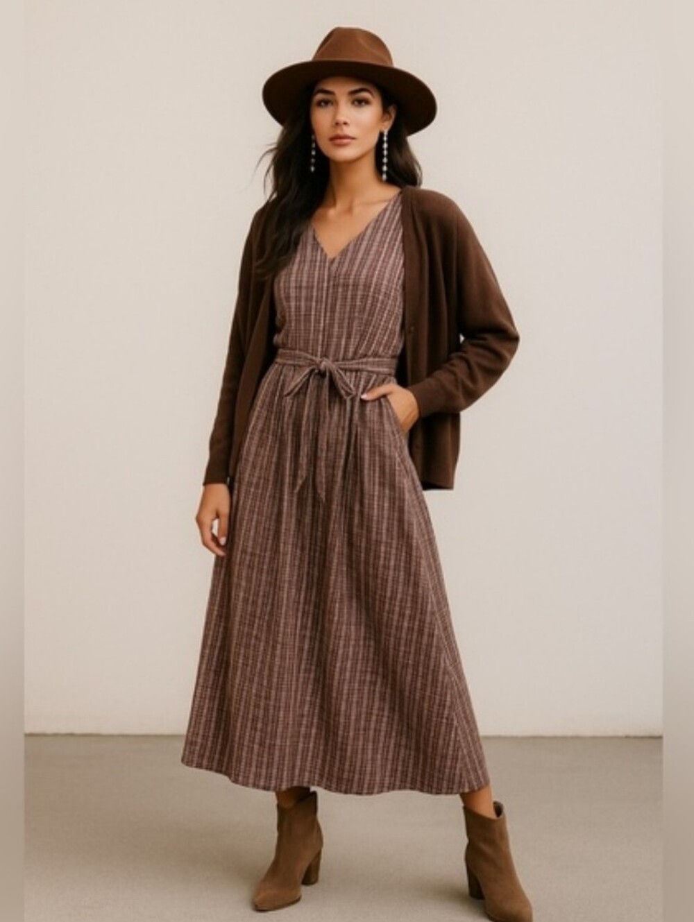 Women’s Brown Plaid Midi Dress with Tie At The Back